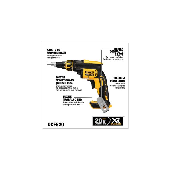 Parafusadeira Drywall 1/4" (6,35mm) 20V Brushless Dewalt DCF620B - Imagem 2