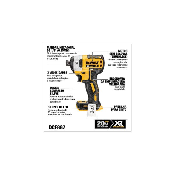 Parafusadeira de Impacto 1/4" (6.35mm) 20V Dewalt DCF887B - Imagem 5