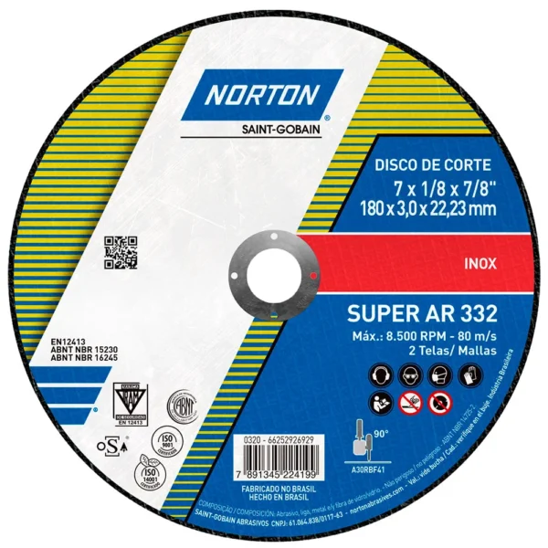 Disco de Corte 180 x 3,0 x 22 mm Norton Super AR332