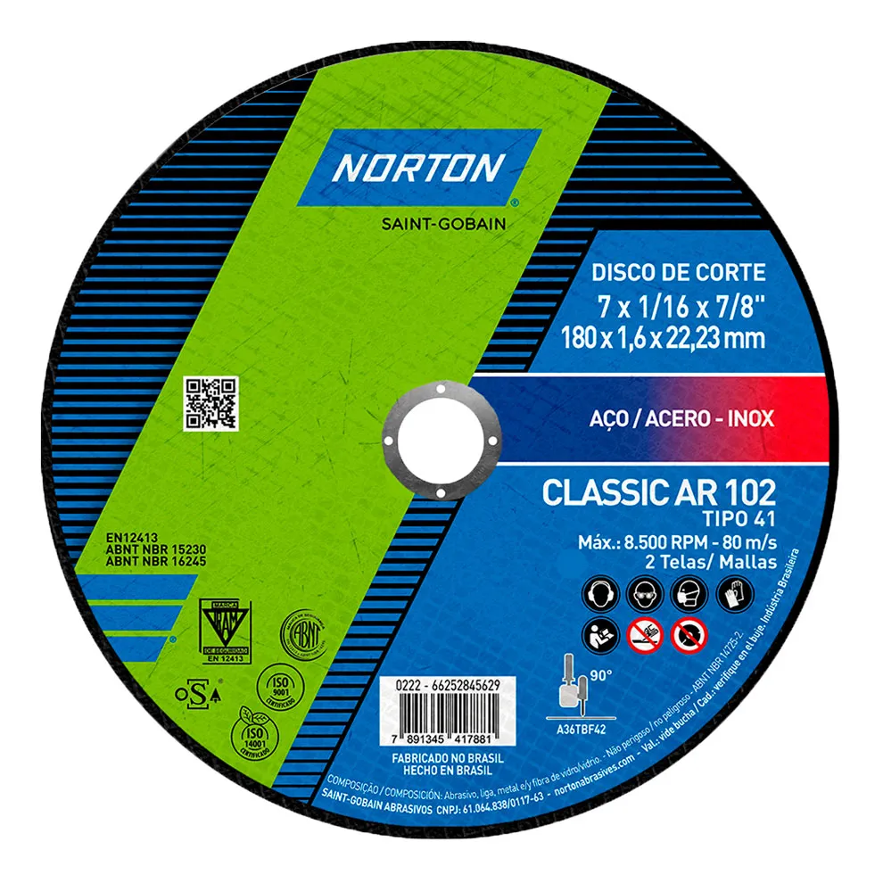 Disco de Corte 180 x 1,6 x 22 mm Norton Classic AR102